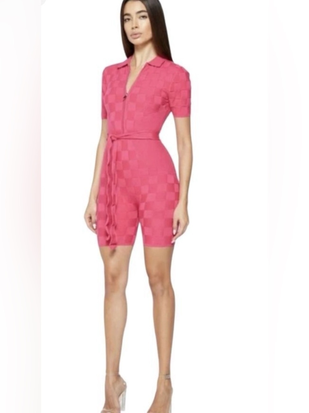 Manière De Voir Bright Pink Knit Short Sleeve Romper with Tie Belt
